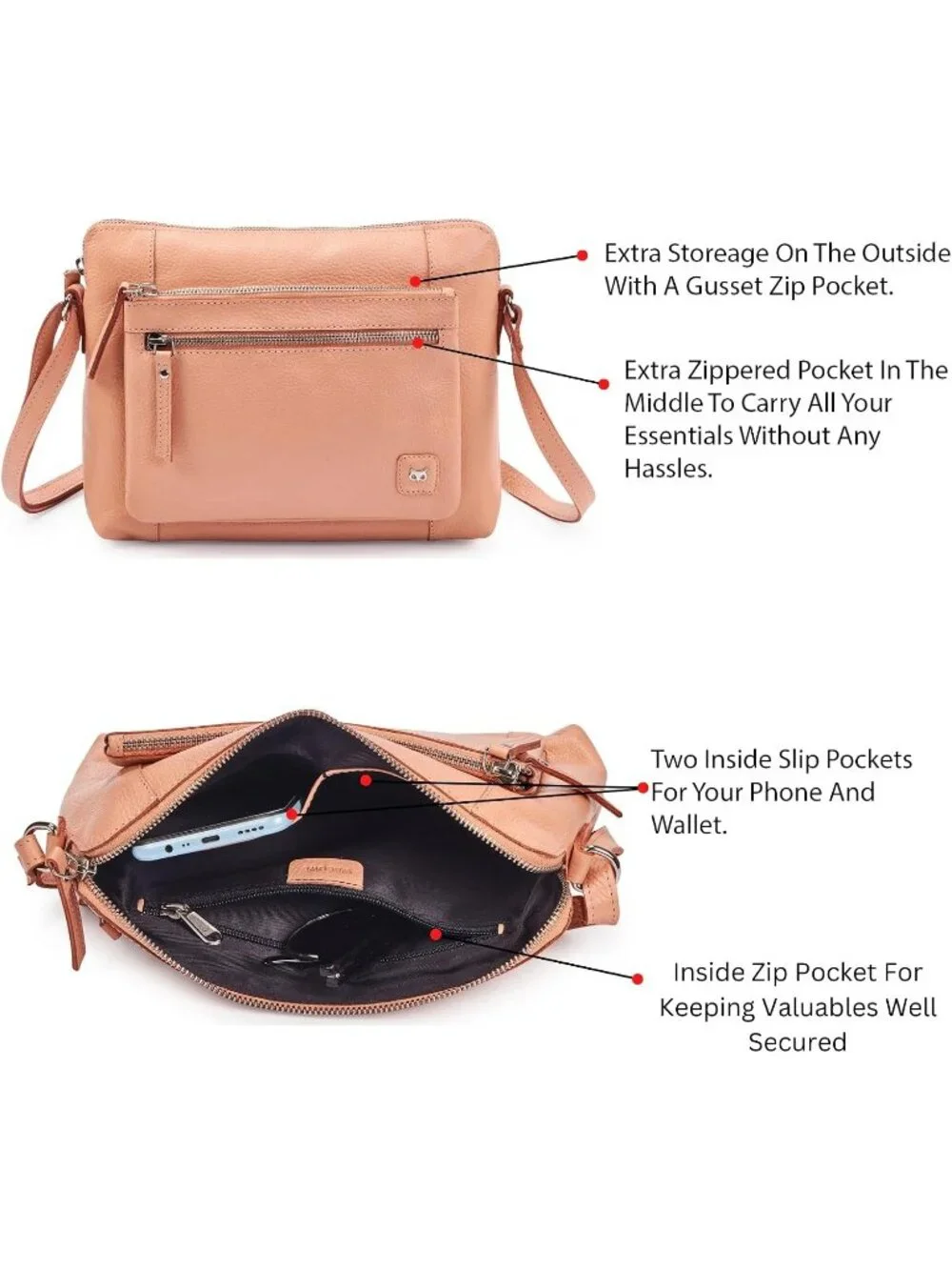 Women's Peach Genuine Leather Sling Purse with Adjustable Strap Crossbody bag
